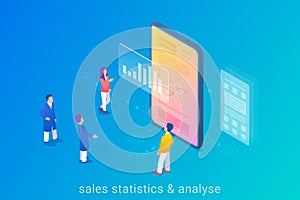 Statistics report and Analyse of Sales Online. People working in Mobile Phone Smartphone Isometric Flat vector illustration photo