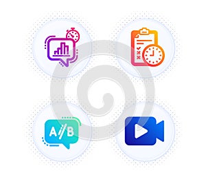 Statistics timer, Exam time and Ab testing icons set. Video camera sign. Growth chart, Checklist, Test chat. Vector