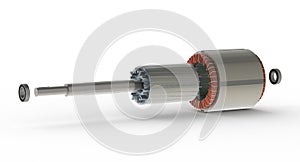 Stator and rotor exploded view presentation used in asynchronous electric motor, 3d illustration isolated on white background