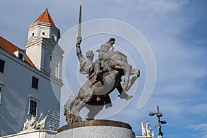 Statue against the scenic Bratislava Castle in Slovakia