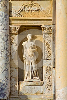 Statue in Ancient antique city of Efes, Ephesus library ruin in Turkey