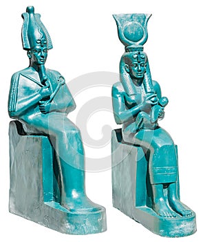 Statue of ancient egypt deities Osiris and Isis with Horus isolated