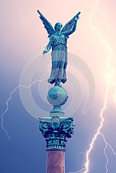 Statue of ancient goddess Victoria Nick with palm branch in hand at Langelinie Park in Copenhagen, Denmark