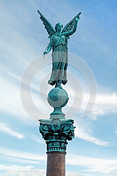Statue of ancient goddess Victoria Nick with palm branch in hand at Langelinie Park in Copenhagen, Denmark