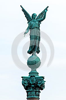 Statue of ancient goddess Victoria Nick with palm branch in hand at Langelinie Park in Copenhagen, Denmark