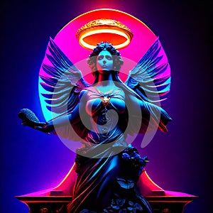 statue of an angel in a neon light on a dark background AI generated