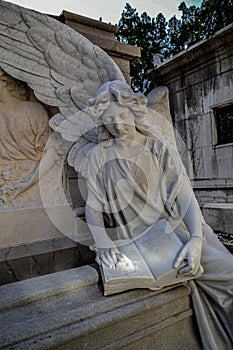 Statue of angel reading next to a pantheon