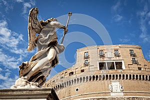 Statue of Angel with the Sponge at Castel Sant`Angelo Castle of the Holy Angel, Mausoleum of Hadrian in Rome, Italy