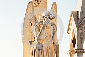 Statue of angel with wings against light sky at cemetery. Closing stoned angel praying in an old cemetery. Graveyard old crying an