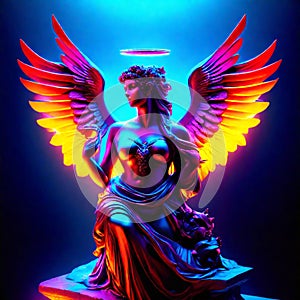 Statue of an angel with wings on a dark background. Colorful neon light. Generative AI