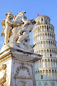 The statue of angels and Leaning Tower