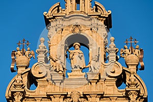 Statue of apostle Saint James. Cathedral of Santiago de Compostela, Spain. Obradeiro square in Santiago de Compostela The ending