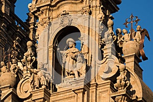 Statue of apostle Saint James. Cathedral of Santiago de Compostela, Spain. Obradeiro square in Santiago de Compostela The ending