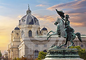 Statue of Archduke Charles on Heldenplatz square and Museum of Natural History dome, Vienna, Austria