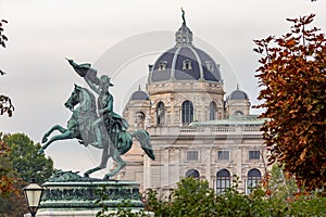 Statue of Archduke Charles and Museum of Natural History dome, Vienna, Austria