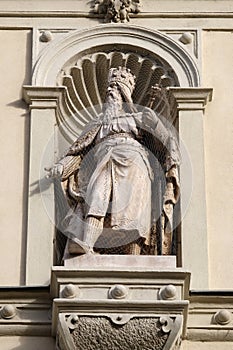 Statue of the Austrian monarchs on the portal of City Hall. Graz is the capital city of Styria, Austria on January 10, 2015.