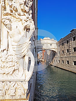 Statue of Bacchus and Bridge Crossing the Canal, Venice, Italy