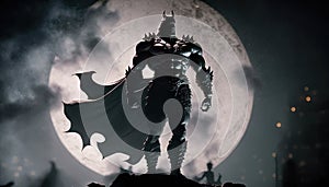 a statue of a batman standing in front of a full moon.
