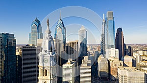 Statue of Ben Franklin looks over the city streets of Philadelphia PA