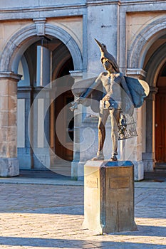 Statue of bird-catcher Papageno in Bruges, Belgium