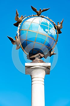 A Statue Of A Blue Terrestrial Globe With Doves Of Peace Around It In Kiev, Independence Square, Kiev, Ukraine