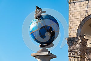 A Statue Of A Blue Terrestrial Globe With Doves Of Peace Around It In Kiev, Independence Square, Kiev, Ukraine