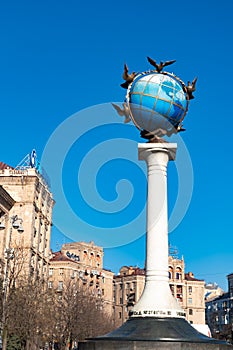 A Statue Of A Blue Terrestrial Globe With Doves Of Peace Around It In Kiev, Independence Square, Kiev, Ukraine