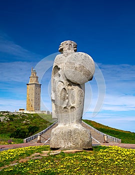 Statue of Breogan, the mythical Celtic king from Galicia located near the Tower of Hercules, A Coruna, Galicia, Spain photo