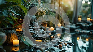 a statue of buddha and candles are placed in a zen garden