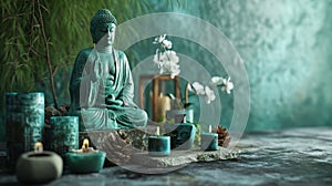 a statue of buddha and candles are placed in a zen garden