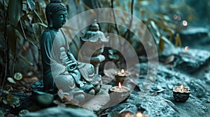 a statue of buddha and candles are placed in a zen garden