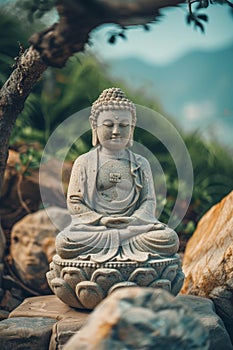 A statue of Buddha in a meditative pose, placed amidst nature with a untroubled face.