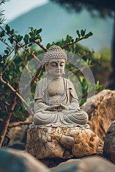 A statue of Buddha in a meditative pose, placed amidst nature with a untroubled face.