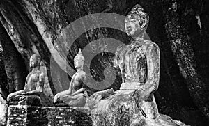 Statue of Buddha in the middle of temple in the mountain. Picture was shot in black and white.