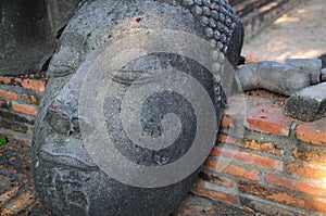 Statue of Buddha`s head on the ground