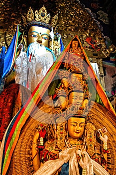 Statue the Buddhist master Guru Rinpoche who has brought the Buddhism to Tibet located in Jokhang Buddhist temple in Lhasa