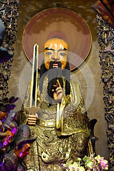 Salvaje estatua espada a dorado pelo en asiático Budista templo el emperador la ciudad 