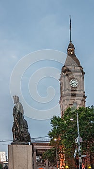 Statue of Burke and Wills with Town Hall Clock tower, Melbourne, Australia