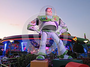 Statue of Buzz Lightyear from the movie Toy Story at dusk in Orlando Disney World, Florida