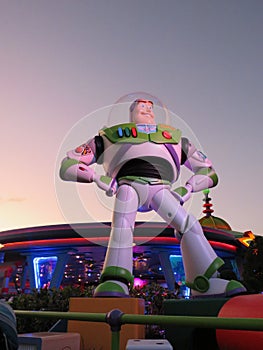 Statue of Buzz Lightyear from the movie Toy Story at dusk in Orlando Disney World, Florida