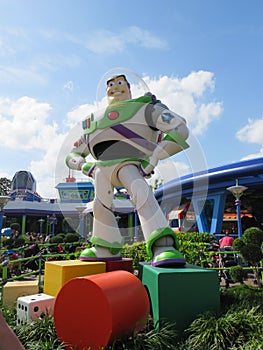 Statue of Buzz Lightyear from the movie Toy Story at dusk in Orlando Disney World, Florida