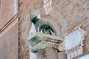 Statue of Capitoline wolf feeding Romulus and Remus in Rome, Italy