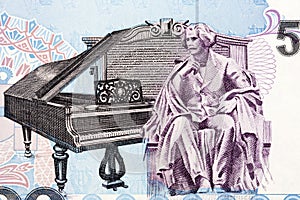 Statue of Carlos Gomes seated at the piano from old Brazilian money