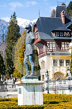 Statue of Carol I, king of Romania, in front of Peles Castle, Romania