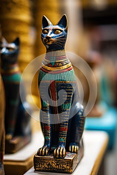 A statue of a cat-like ancient egyptian goddess Bastet sitting on top of a table. Generative AI image.