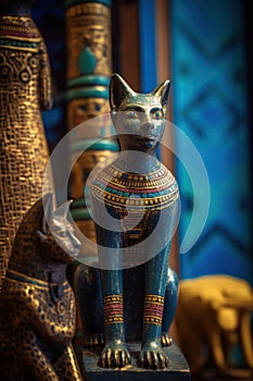 A statue of a cat-like ancient egyptian goddess Bastet sitting on top of a table. Generative AI image.