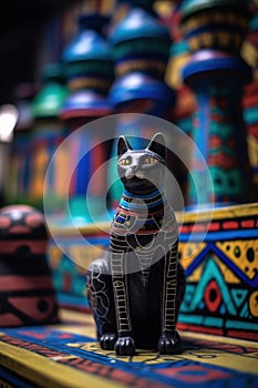 A statue of a cat-like ancient egyptian goddess Bastet sitting on top of a table. Generative AI image.