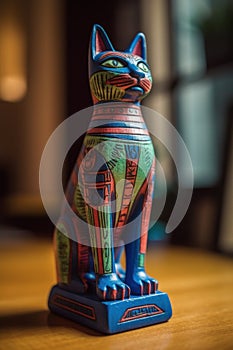 A statue of a cat-like ancient egyptian goddess Bastet sitting on top of a table. Generative AI image.