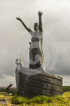The statue of the Celtic Sea God ManannÃ¡n Mac Lir at the Gortmore View Point on Binvenagh Mountain in Northern Irela