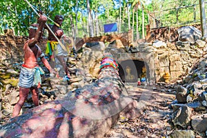 Statue of Chalawan and Kraithong at the front of the Chalawan cave (Chalawan is the king of crocodile in Thai literary), a deep ho